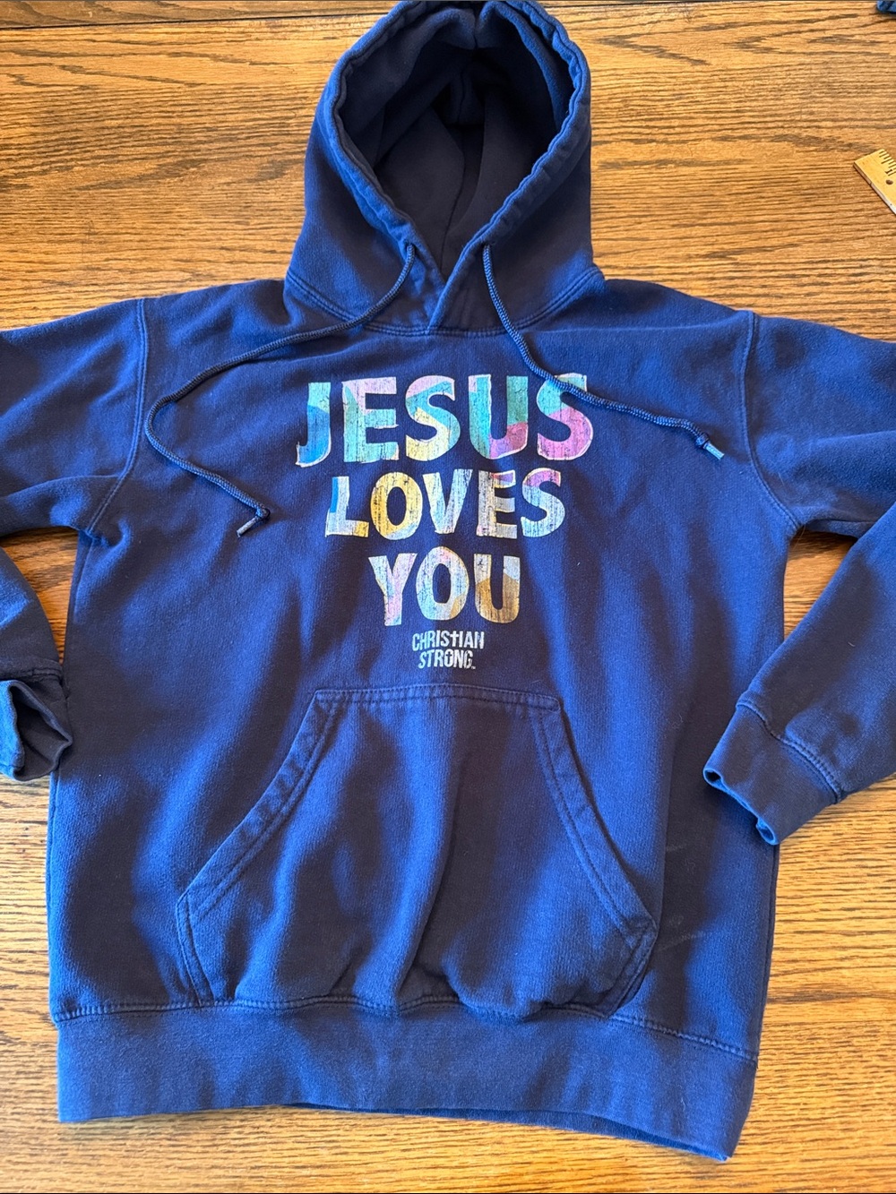 Jesus Loves You Christian Graphic Hoodie Faded Retro Faith Sweatshirt Small